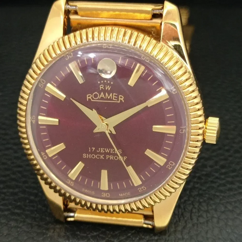 Vintage 1971 Roamer Manual Mens Gold Watch W/Metal Strap & Red accents